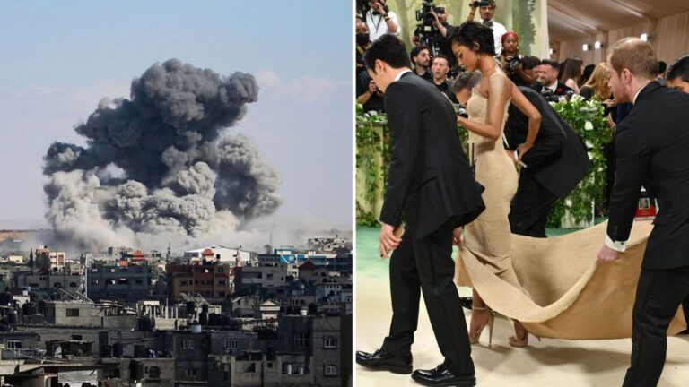 Rafah being bombed on the left. Pop star, Tyla, being escorted through the MET gala on the right.