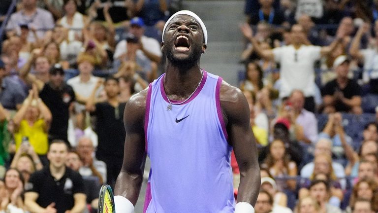 Frances Tiafoe reacts to a winner in the 4th set against Alexei Popyrin on day seven of the 2024 U.S. Open tennis tournament at USTA Billie Jean King National Tennis Center. (Robert Deutsch-USA TODAY Sports / IMAGN)