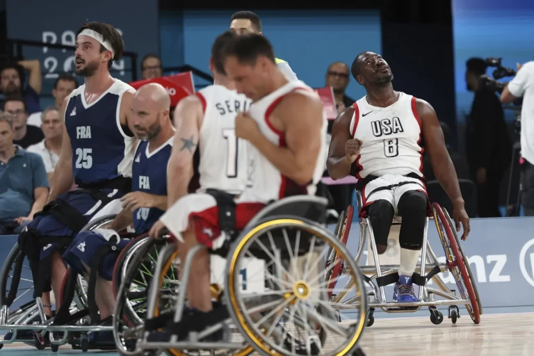 United States Brian Bell looks up at the scoreboard during men’s wheelchair basketball during quarterfinal game (AP)