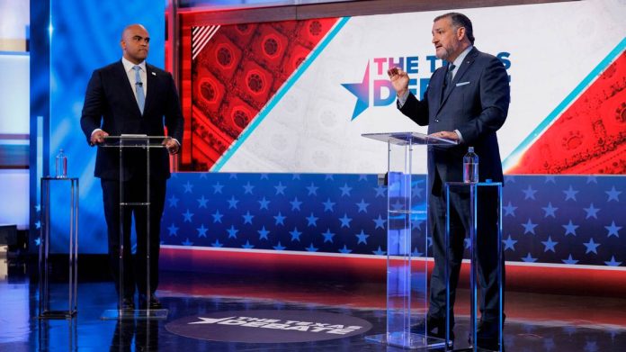 U.S. Rep. Colin Allred, D-Dallas, left, and U.S. Sen. Ted Cruz, R-Texas, take part in a debate for the U.S. Senate hosted by WFAA on Monday, Aug. 12, 2024, in Dallas, Texas.