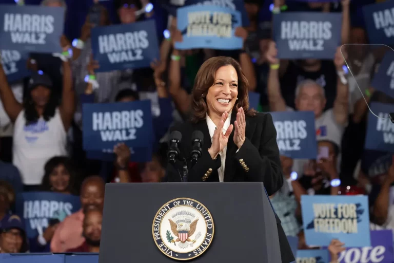 Vice President Kamala Harris speaks during campaign rally at the Williams Arena in mingles Coliseum on the campus of East Carolina University on October 13, 2024 in Greenville, North Carolina. Alex Wong, Getty images.