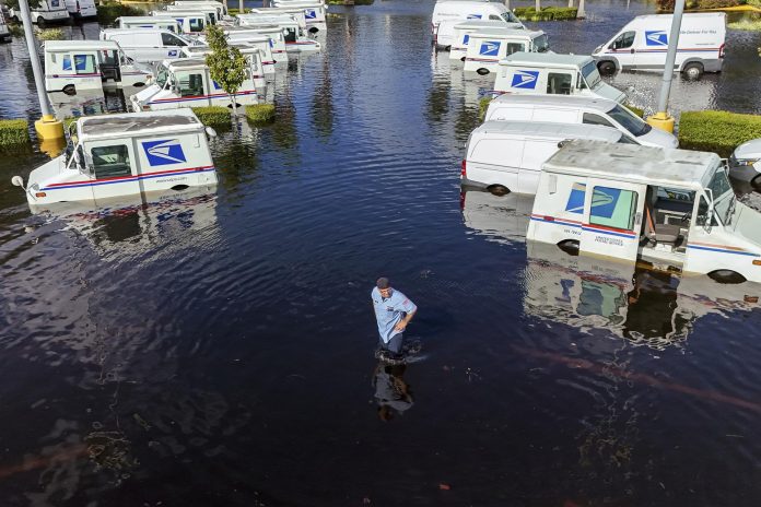 A USPS worker inspects trucks on Friday that had been relocated to protect them from wind but are now underwater due to intense rain from Hurricane Milton in New Port Richey, Fla. (AP Photo/Mike Carlson)