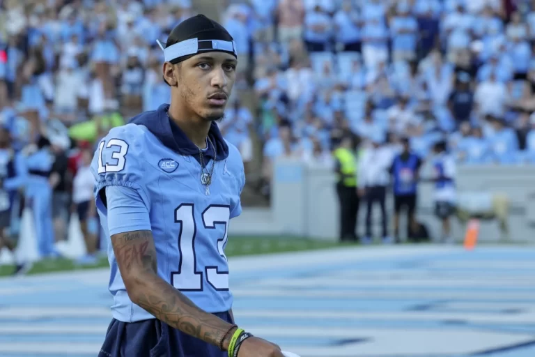 North Carolina wide receiver Tylee Craft (13) walks the bench during the second half of an NCAA college football game against Minnesota, Sept. 16, 2023, in Chapel Hill, N.C. (AP Photo/Reinhold Matay, File)