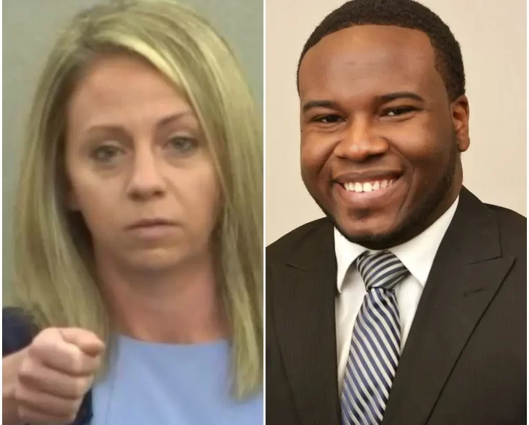 At one point in the murder trial for ex-Dallas cop Amber Guyger, she was asked to demonstrate how she held the gun in shooting Black PwC associate Botham Jean Sept. 6, 2018. A jury convicted Guyger of murder Oct. 1. (Photo credit left to right: NBC News screenshot and Harding University via @xdom718 on Twitter)