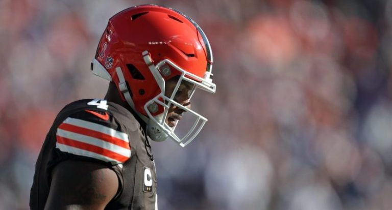 Cleveland Browns quarterback Deshaun Watson (4) hangs his head as he walks off the field during the first half of an NFL football game at Huntington Bank Field, Sunday, Sept. 8, 2024, in Cleveland, Ohio.