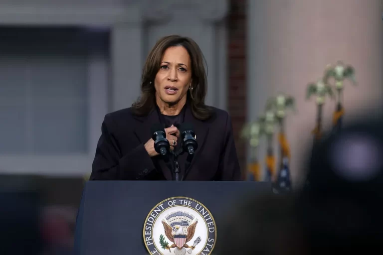 Democratic presidential nominee, Vice President Kamala Harris, speaks on stage as she concedes the election, at Howard University on November 6, 2024, in Washington, D.C. | Source: Justin Sullivan / Getty