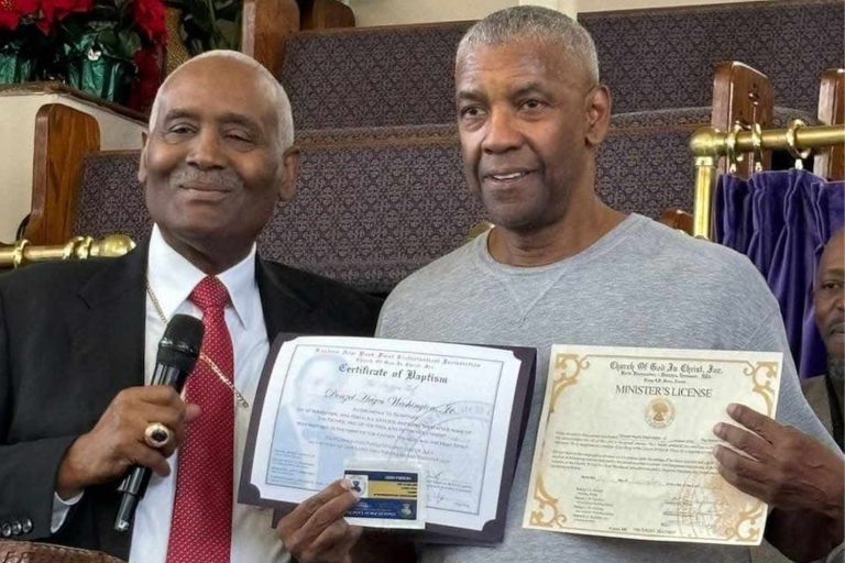 Denzel Washington receiving his certificate of baptism. Photo: Original photos by Esther Pullings/ Rev. Dr. Christopher Bryant Author