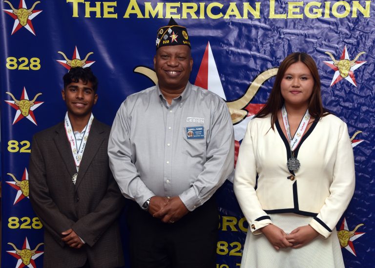 Commander Burrell Parmer of Fred Brock American Legion Post No. 828 with Post Oratorical Contest winners Joshua Philip and Sarah Frost. Photo: Legionnaire Marcellus Hutchinson/828