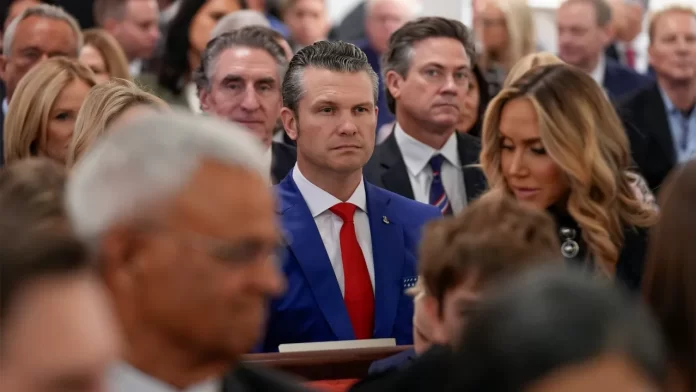 Defense Secretary nominee Pete Hegseth arrives before President-elect Donald Trump at a service at St. John’s Church, Monday, Jan. 20, 2025, in Washington, ahead of the 60th Presidential Inauguration. (AP Photo/Evan Vucci)