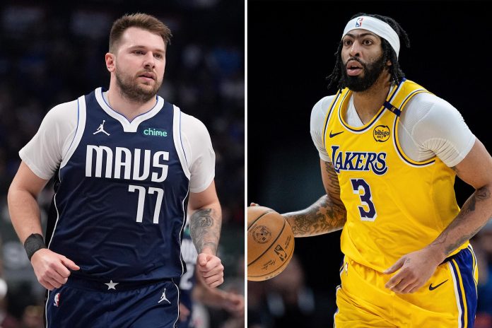 The Lakers acquired Luka Doncic, left, from the Dallas Mavericks in exchange for Anthony Davis in a three-team, blockbuster trade Saturday night.(LM Otero; Jacob Kupferman / Associated Press)