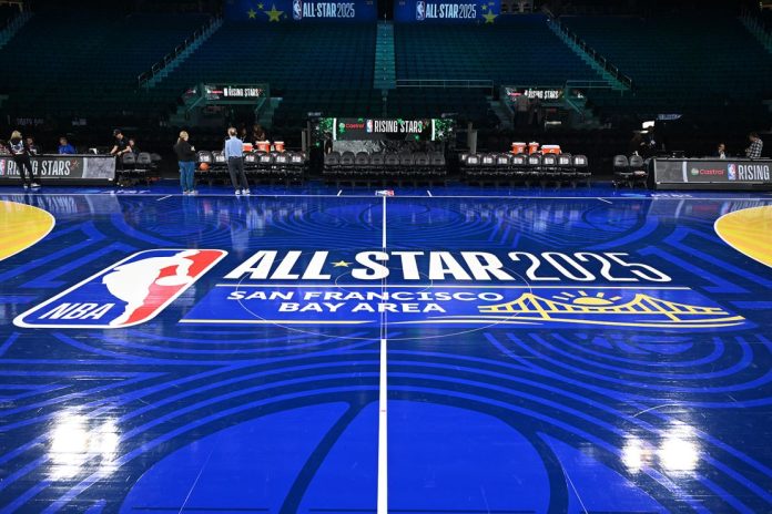 A view of the Golden State Warriors basketball court at Chase Center for the 2025 NBA All-Star weekend in San Francisco, California. Tayfun Coskun/Anadolu/Getty Images