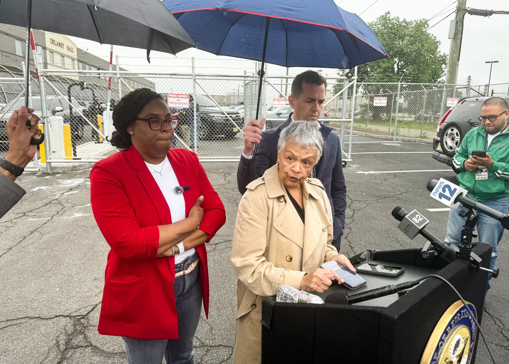 Representative Bonnie Watson Coleman speaking at a news conference outside of the Delaney Hall detention center.Credit...Mark Bonamo