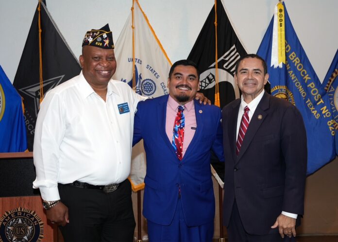 Pictured left to right: Post Commander Burrell Parmer, keynote speaker U.S. Marine Corps Veteran Richard Delgado, Jr., senior community investor for the San Antonio region at Boeing Global Engagement, and U.S. Rep. Henry Cuellar representing Texas' 28th Congressional District. (Photo by Tesha Parmer/828 Auxiliary)