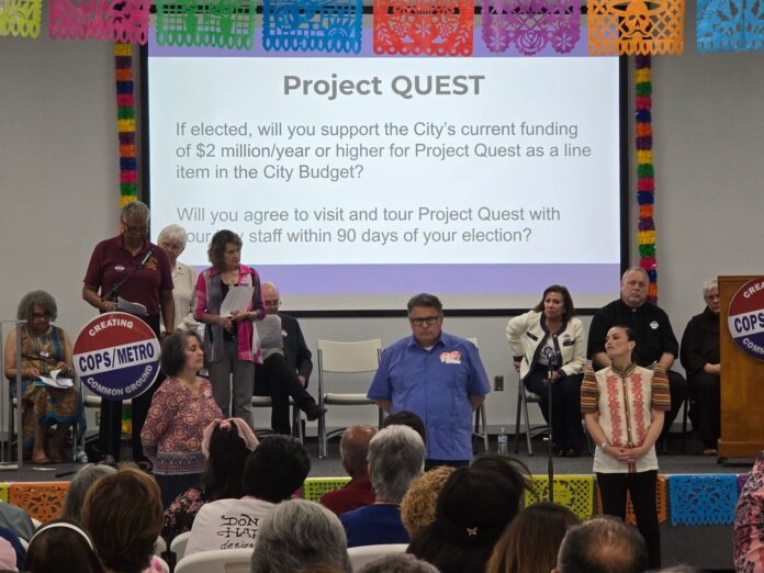 Rolando Pablos and Gina Ortiz Jones (center) answer questions at the COPS METRO Accountability Forum before the June 7th Runoff Elections for Mayor and 4 city council districts. Photo: FB