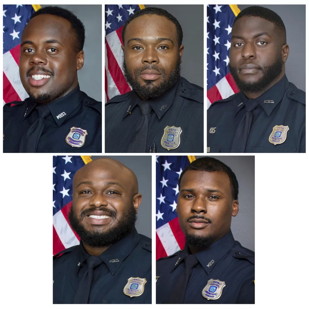 This combo of images provided by the Memphis, Tenn., Police Department shows, top row from left, officers Tadarrius Bean, Demetrius Haley, Emmitt Martin III, and bottom row from left, Desmond Mills Jr. and Justin Smith. (Memphis Police Department via AP, File)