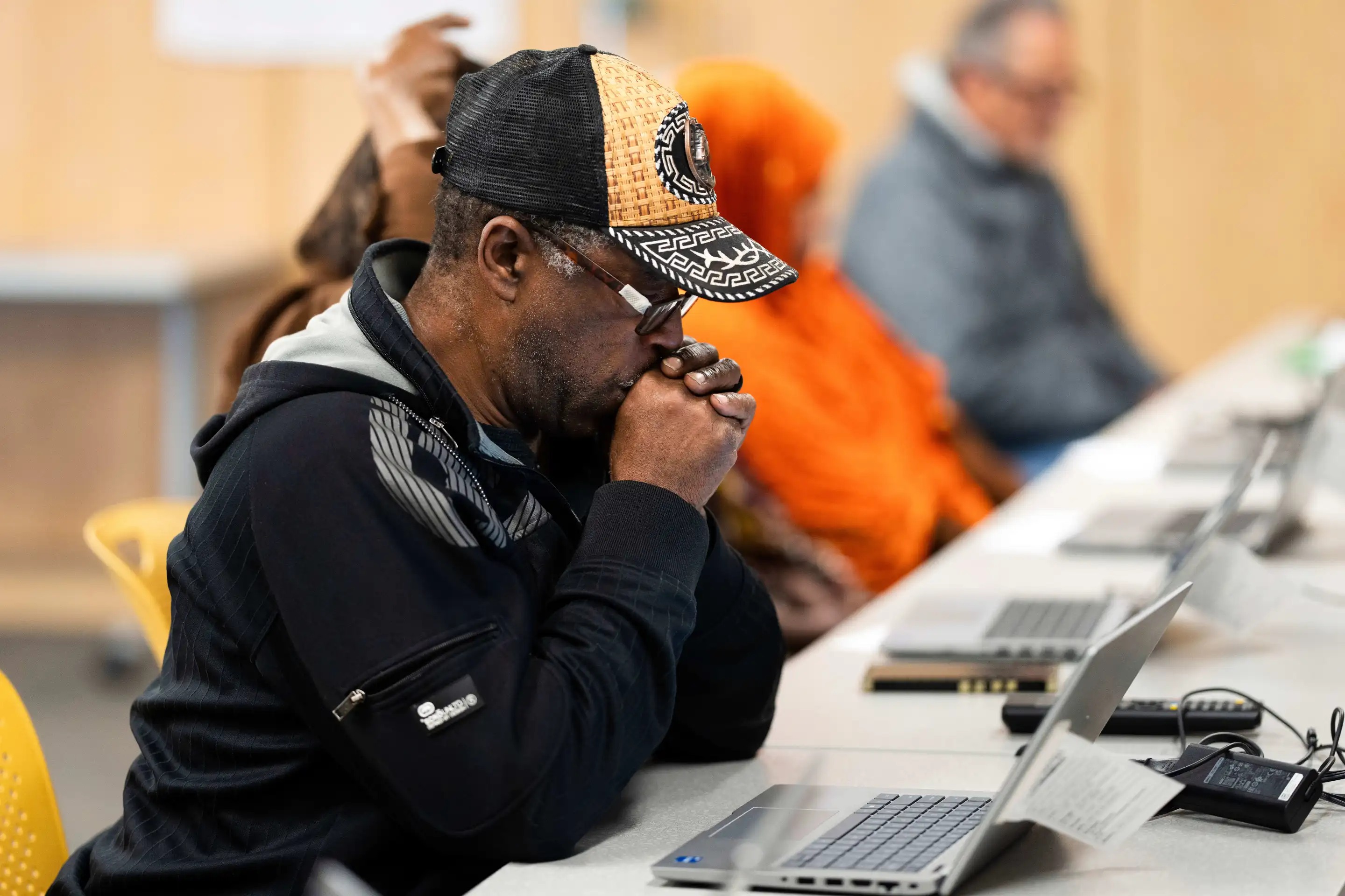 Brandon Dorn looks at his computer during a keyboard basics class offered by Free Geek on Thursday. May 15, 2025, in Portland, Ore. (AP Photo/Jenny Kane)