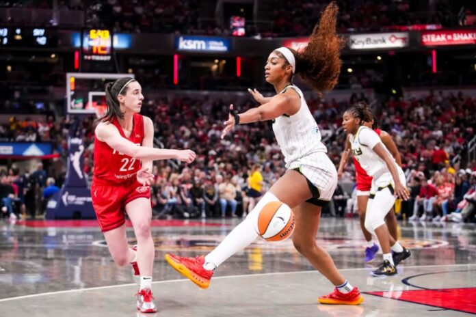 Indiana Fever guard Caitlin Clark and Chicago Sky forward Angel Reese during a game in Indianapolis on May 17. Grace Smith / IndyStar / USA Today Network