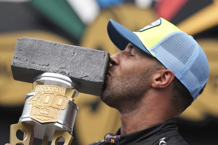 Bubba Wallace celebrates historic Brickyard 400 win