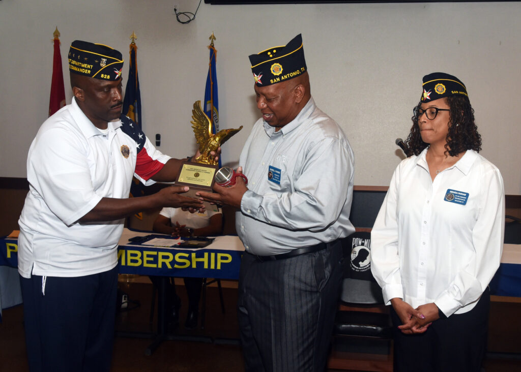 Immediate Past Commander Burrell Parmer (center) was presented with tokens of appreciation for his three years as commander of Fred Brock American Legion Post No. 828. (Photo by Tesha Parmer/Unit 828)
