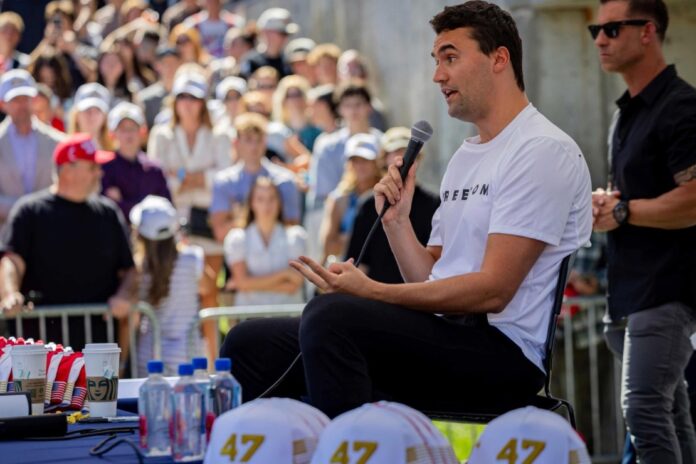Charlie Kirk speaks before he is shot during Turning Point USA's visit to Utah Valley University in Orem, Utah, on Wednesday. Photograph: Tess Crowley/AP