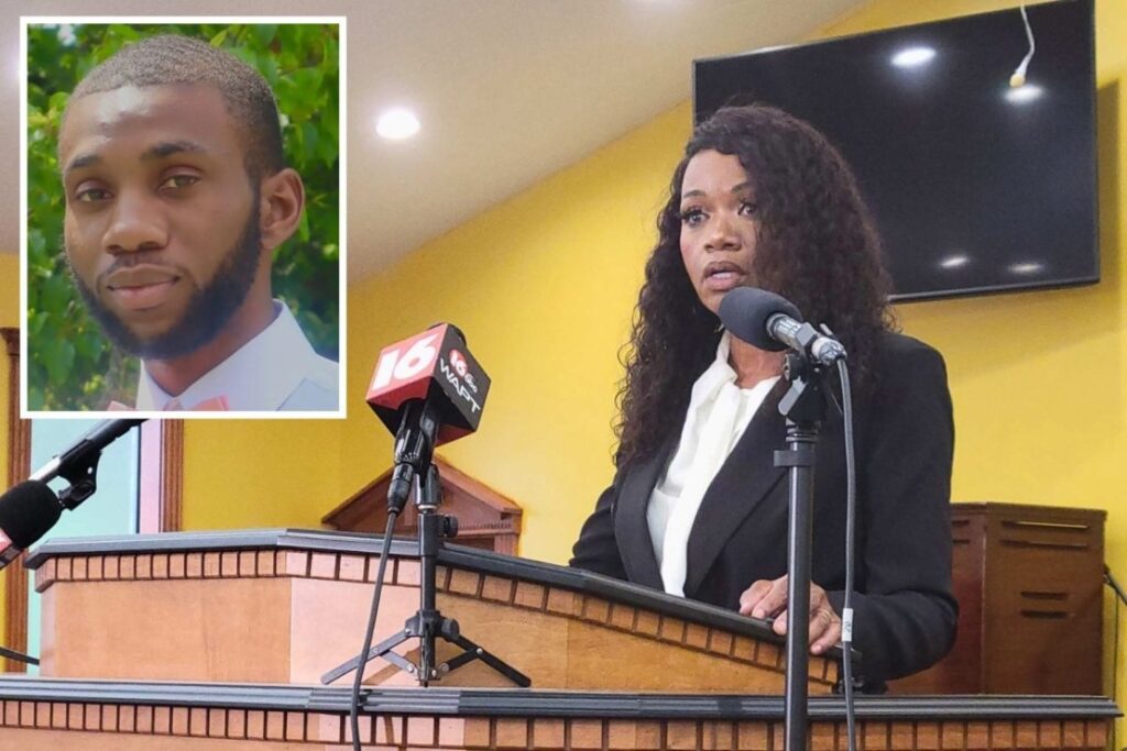 Hattiesburg attorney Vanessa Jones speaks at a press conference at Living Faith Miracle Temple Church of God in Christ in Grenada, Miss., regarding the death of Trey Reed (inset) on Tuesday, Sept. 16, 2025. Photo by Kevin Edwards, Mississippi Free Press
