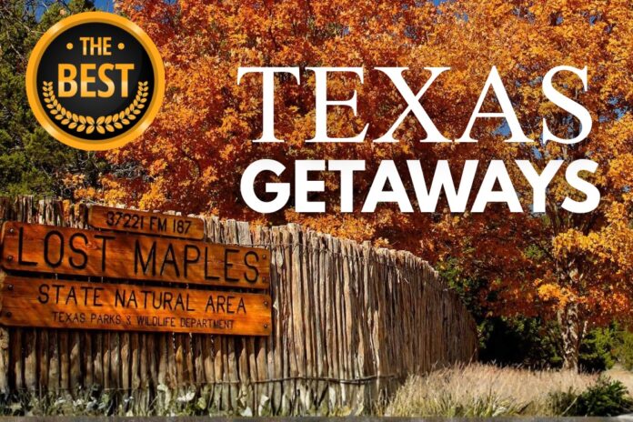 Texas fall cabin retreat surrounded by autumn foliage at Lost Maples