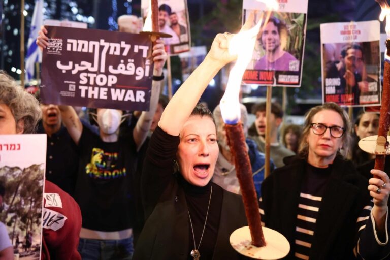 Hundreds of supporters of Israeli hostages gathered in Tel Aviv in response to the announcement of a ceasefire. Photograph: Anadolu/Getty Images