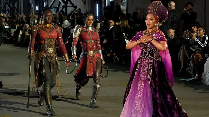 Angela Bassett, Danai Gurira, and Teyana Taylor honor Black Panther at Vogue World Hollywood runway.