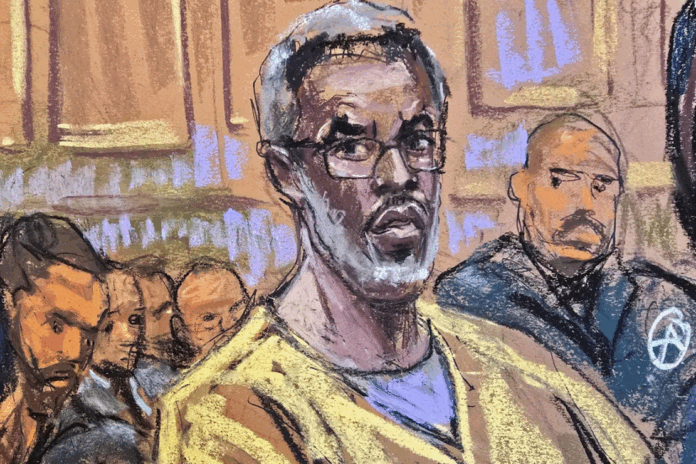 Sean “Diddy” Combs listens at a hearing over his bid to overturn his conviction on charges of transportation to engage in prostitution, in New York on Sept. 25, in this courtroom sketch. (Jane Rosenberg/Reuters)