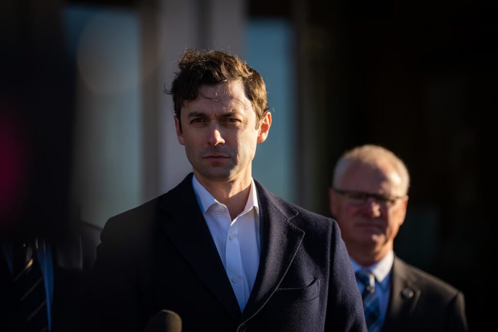 Sen. Jon Ossoff speaks at a press conference in front of Doraville City Hall on Friday, Feb. 3, 2023. (Matthew Pearson/WABE)