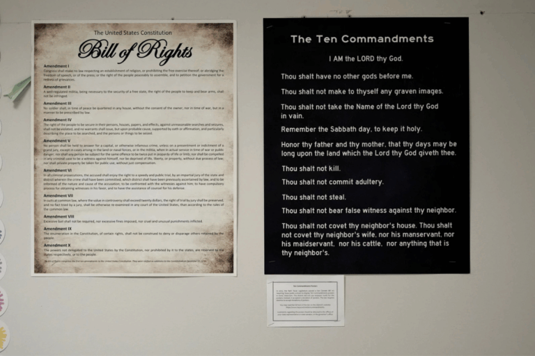 Ten Commandments and Bill of Rights posters are displayed in a classroom at Lehman High School, in Kyle, Texas, Thursday, Oct. 16, 2025. (AP Photo/Eric Gay)
