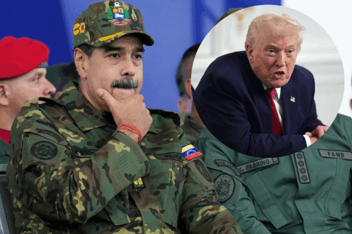Venezuelan President Nicolas Maduro, left, and Donald Trump (in frame), right. (AP Photo/Ariana Cubillos)