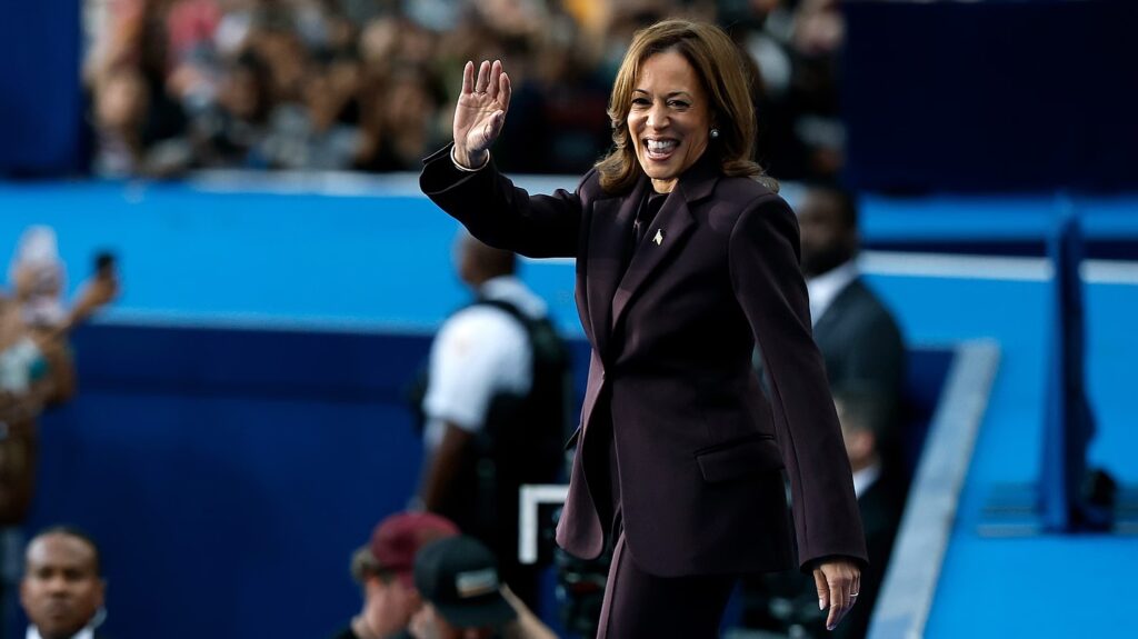 Democratic presidential nominee, U.S. Vice President Kamala Harris arrives to speak on stage as she concedes the election, at Howard University on November 06, 2024 in Washington, DC. (Photo by Kevin Dietsch/Getty Images)