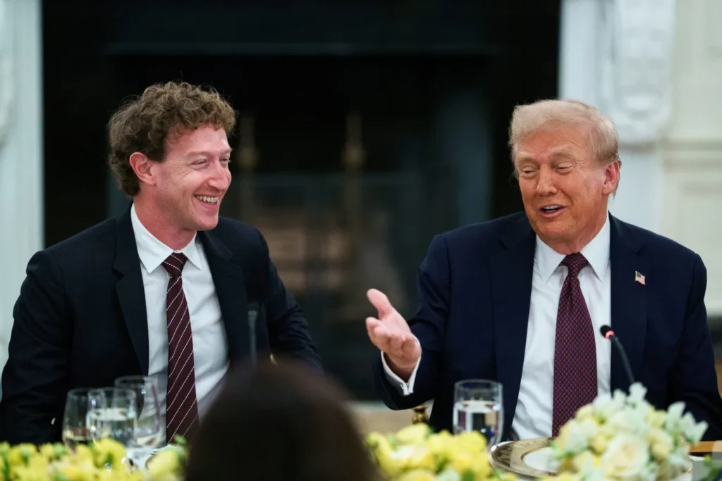Mark Zuckerberg, CEO of Meta Platforms Inc., left, and U.S. President Donald Trump during a dinner with tech leaders in the State Dining Room of the White House in Washington, DC, US, on Thursday, Sept. 4, 2025.
Will Oliver / EPA / Bloomberg—Getty Images