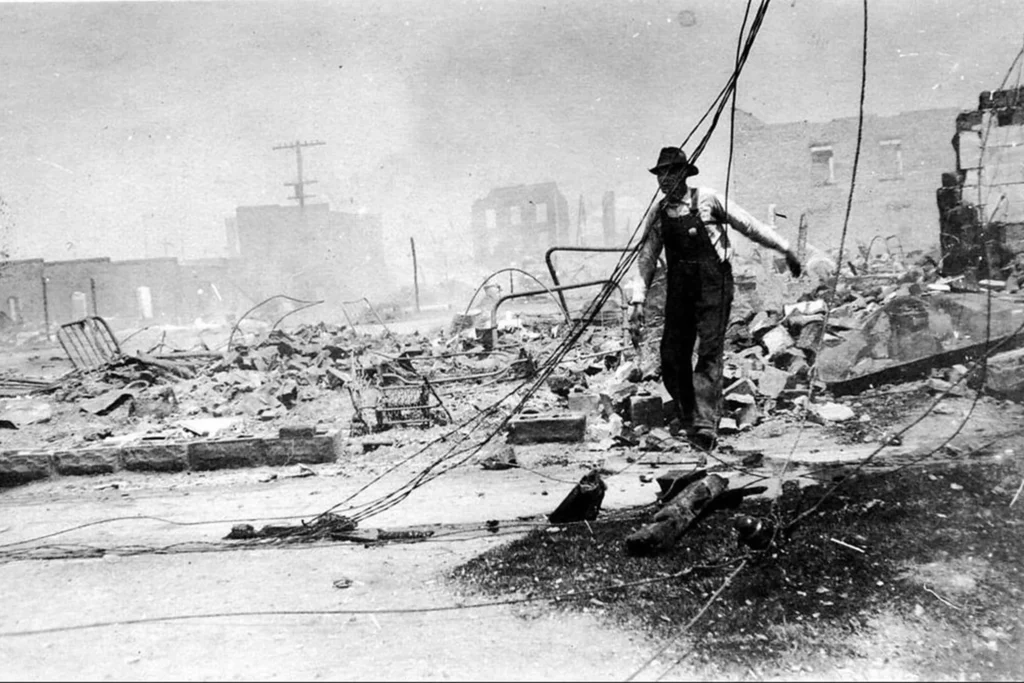 Tulsa’s Greenwood District in 1921 after a white mob razed the predominately Black community.

bswise/ Flickr/public domain