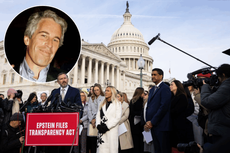 Reps. Thomas Massie (R-Ky.), Marjorie Taylor Greene (R-Ga.), and Ro Khanna (D-Calif.) stand alongside Epstein victims during a news conference Tuesday. | Francis Chung/POLITICO