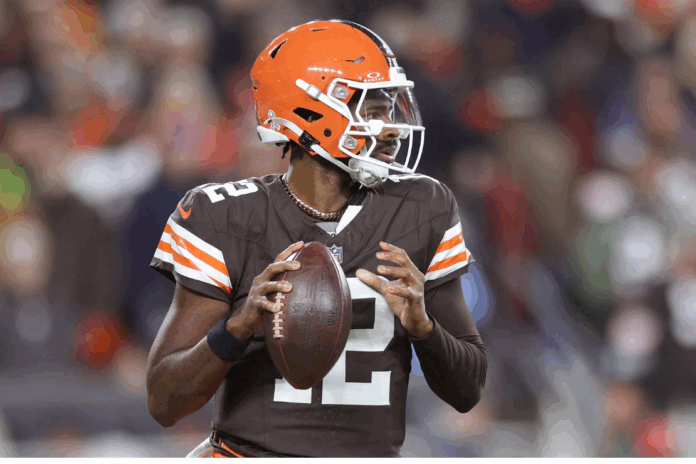 Cleveland Browns quarterback Shedeur Sanders drops back to pass during the third quarter against the Baltimore Ravens, Nov 16, 2025 in Cleveland. Scott Galvin/Imagn Images via Reuters