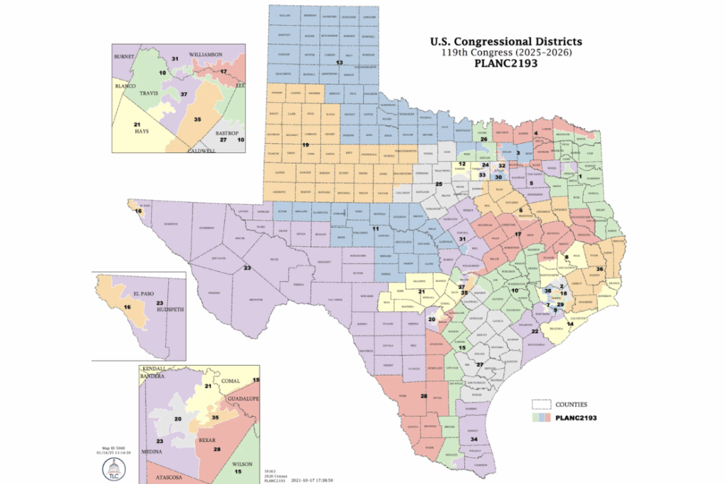 The current Texas house congressional district map.