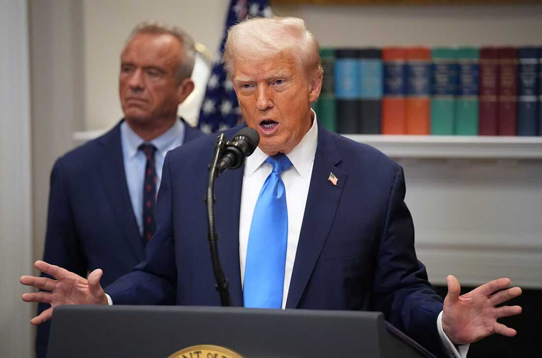 President Trump takes questions at the White House following an announcement that federal health officials are updating drug labeling to discourage the use of Tylenol during pregnancy. Andrew Harnik/Getty Images