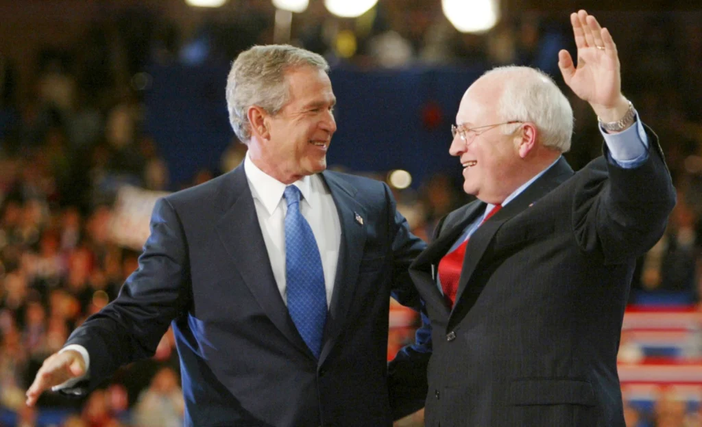 President Bush and Vice President Dick Cheney embrace following President Bush’s acceptance speech in Madison Square Garden during the final night of the Republican National Convention Thursday, Sept. 2, 2004, in New York. (AP Photo/Charles Dharapak, file)
