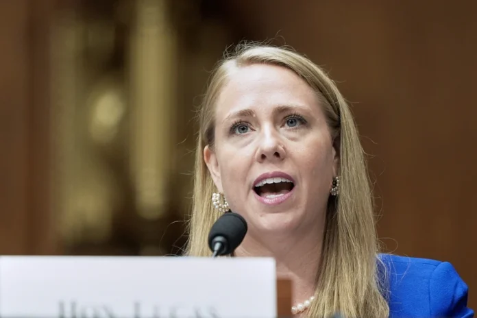 Andrea Lucas, nominee to be a member of the Equal Employment Opportunity Commission, testifies during a Senate Health, Education, Labor, and Pensions (HELP) Committee hearing, June 18, 2025, on Capitol Hill in Washington. (AP Photo/Mariam Zuhaib, File)