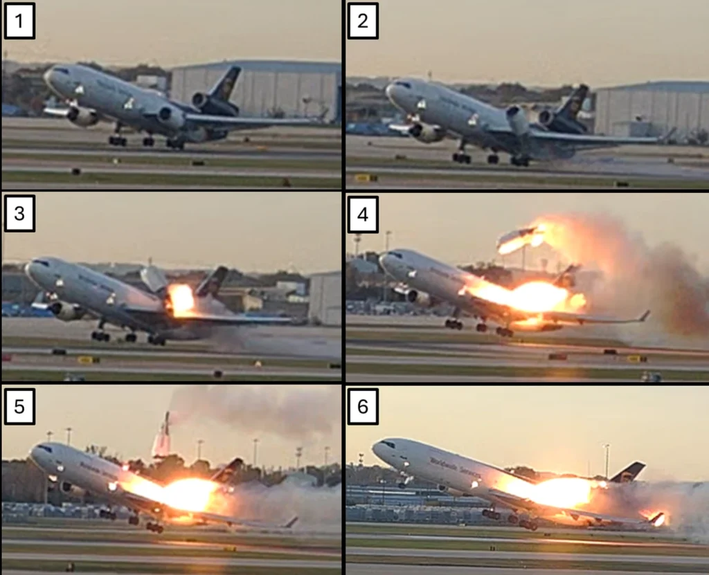 This combination photo provided by the National Transportation Safety Board (NTSB) via UPS shows a sequence of framegrabs made from video where an engine is seen detaching from the plane’s left wing upon takeoff at the Louisville International Airport in Louisville, Nov. 4, 2025. (UPS/NTSB via AP)