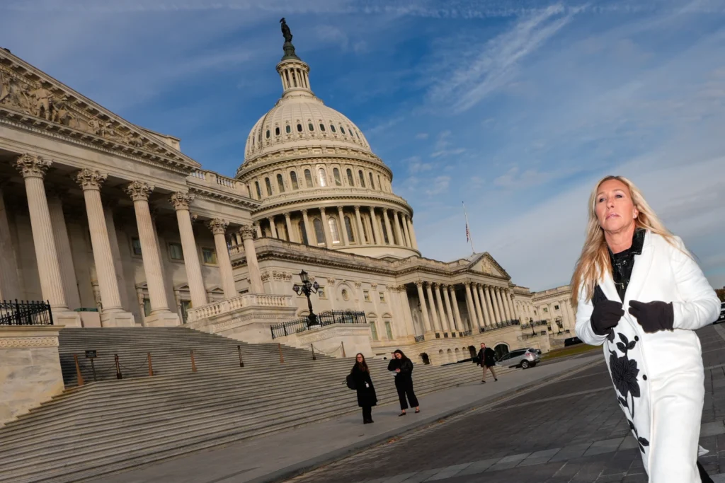   Rep. Marjorie Taylor Greene, R-Ga., arrives to a news conference on the Epstein Files Transparency Act, Tuesday, Nov. 18, 2025, outside the U.S. Capitol in Washington. (AP Photo/Julia Demaree Nikhinson)