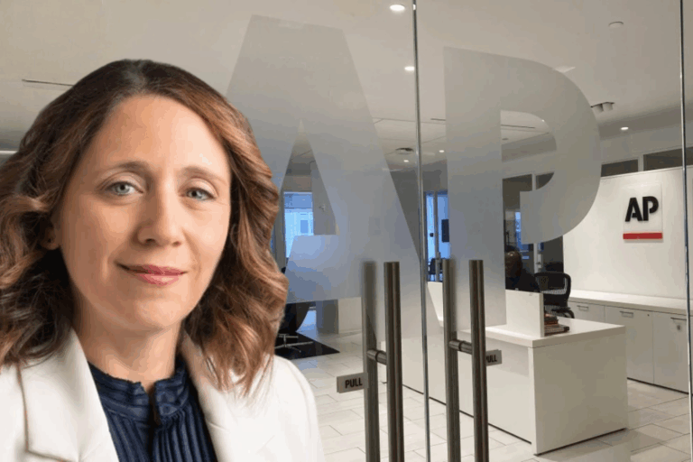 AP Executive Editor Julie Pace and The Associated Press logo is shown at the entrance to the news organization’s office in New York on Thursday, July 13, 2023. (AP Photo/Aaron Jackson, File)