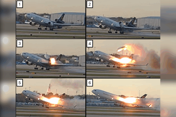This combination photo provided by the National Transportation Safety Board (NTSB) via UPS shows a sequence of framegrabs made from video where an engine is seen detaching from the plane’s left wing upon takeoff at the Louisville International Airport in Louisville, Nov. 4, 2025. (UPS/NTSB via AP)