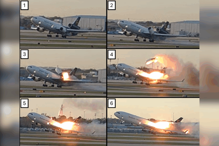 This combination photo provided by the National Transportation Safety Board (NTSB) via UPS shows a sequence of framegrabs made from video where an engine is seen detaching from the plane’s left wing upon takeoff at the Louisville International Airport in Louisville, Nov. 4, 2025. (UPS/NTSB via AP)