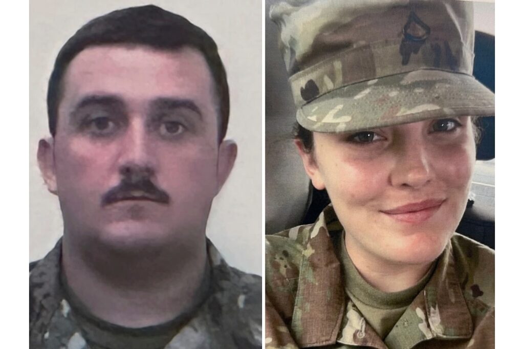 This combo from photos provided by the U.S. Attorney’s Office on Thursday, Nov. 27, 2025, show National Guard members, from left, Staff Sgt. Andrew Wolfe and Specialist Sarah Beckstrom. (U.S. Attorney’s Office via AP)