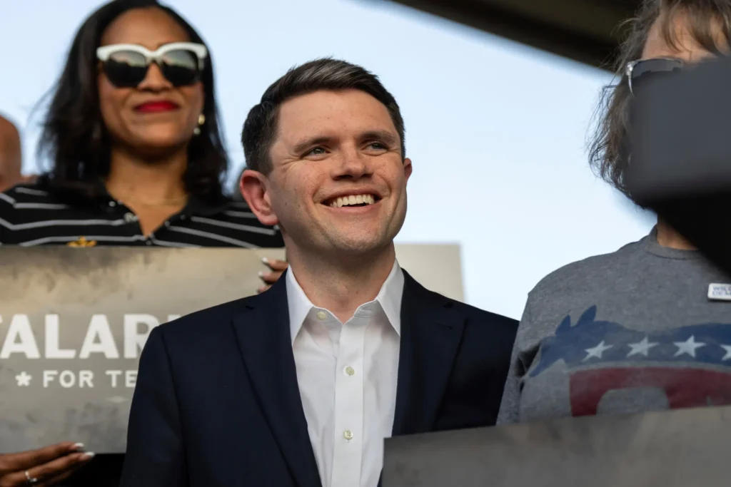 State Rep. James Talarico, D-Austin, smiles as he kicks off his campaign for U.S. Senate at Centennial Plaza in Round Rock, Texas, Tuesday, Sept. 9, 2025.
(Mikala Compton/Austin American- Statesman via AP)