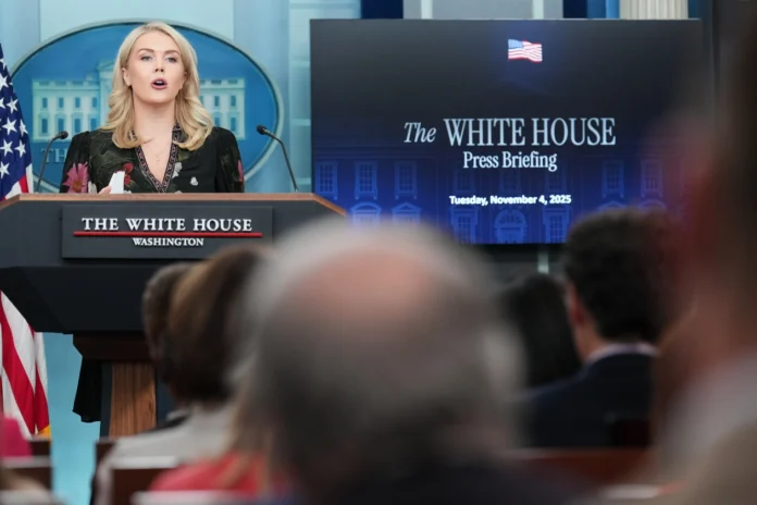 White House press secretary Karoline Leavitt briefs reporters in the James Brady Press Briefing Room at the White House on Nov. 4, 2025. | Jacquelyn Martin/AP