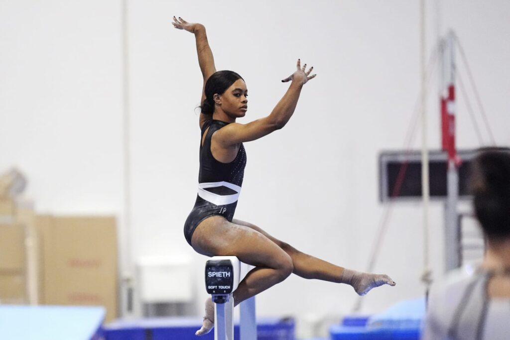 Gabby Douglas competes on the balance beam Saturday.David J. Phillip / AP
